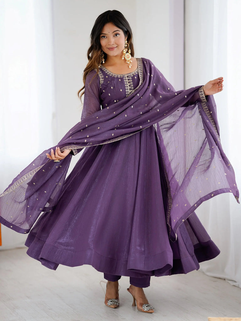 Fantastic Purple Sequins Silk Wedding Wear Anarkali Gown With Dupatta