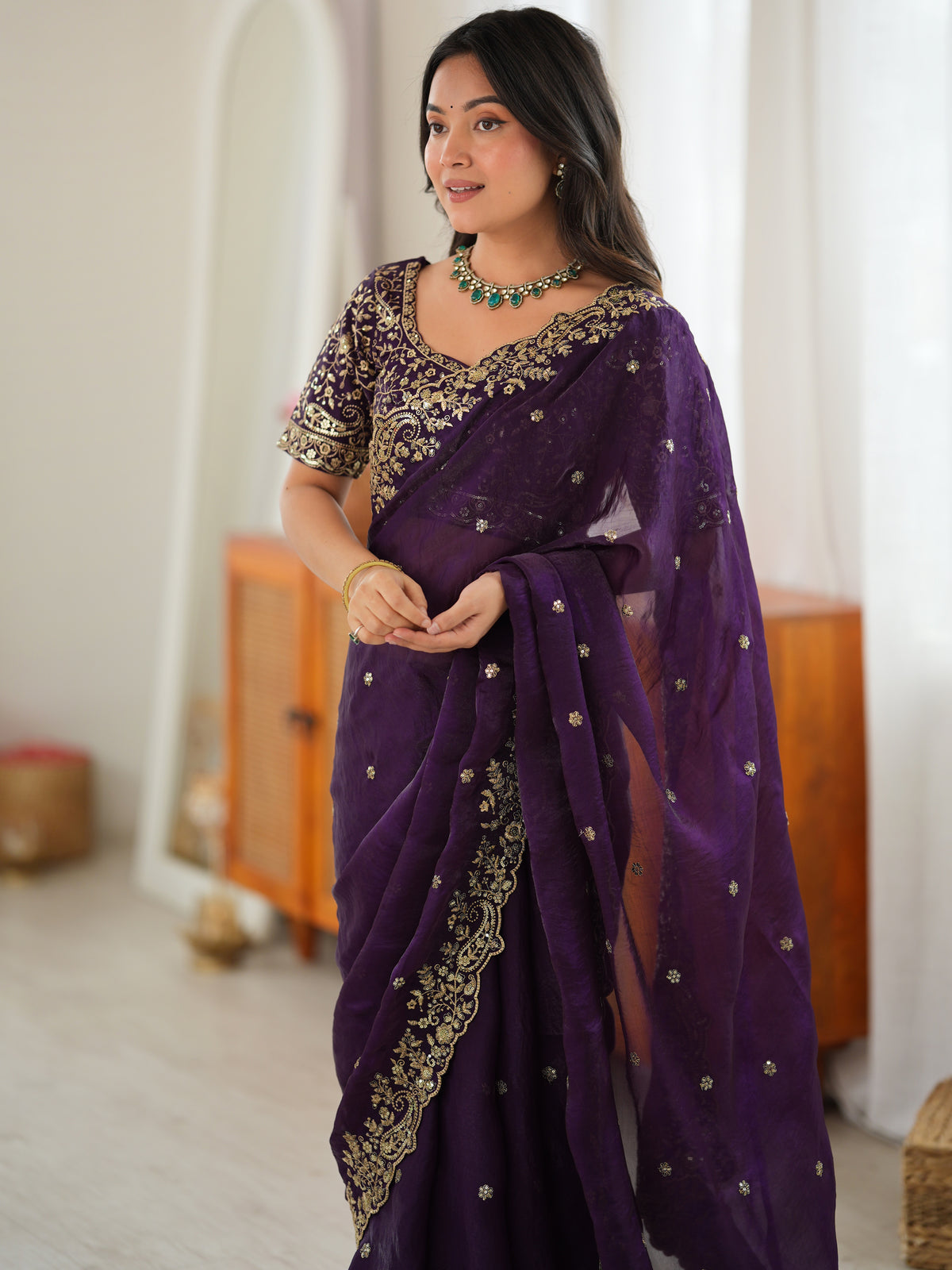 Luxurious Purple Embroidered Silk Engagement Wear Saree With Blouse