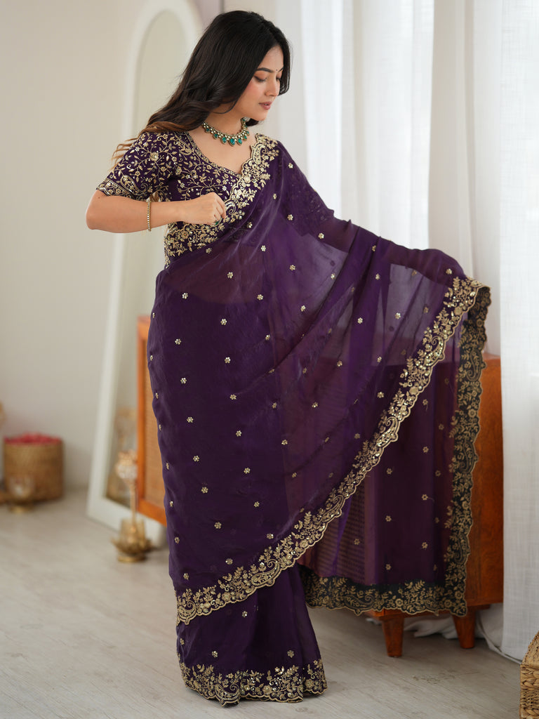 Luxurious Purple Embroidered Silk Engagement Wear Saree With Blouse