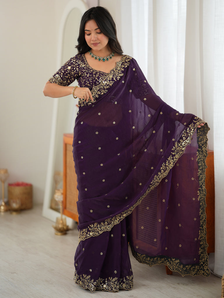 Luxurious Purple Embroidered Silk Engagement Wear Saree With Blouse