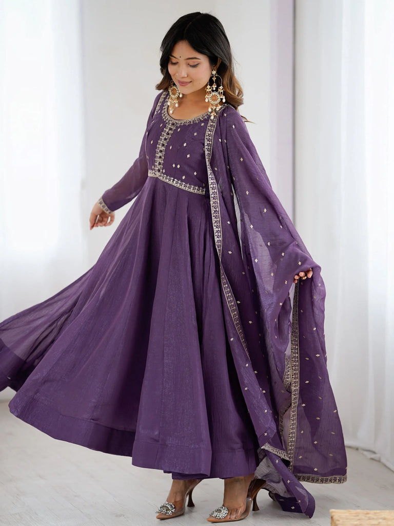 Fantastic Purple Sequins Silk Wedding Wear Anarkali Gown With Dupatta