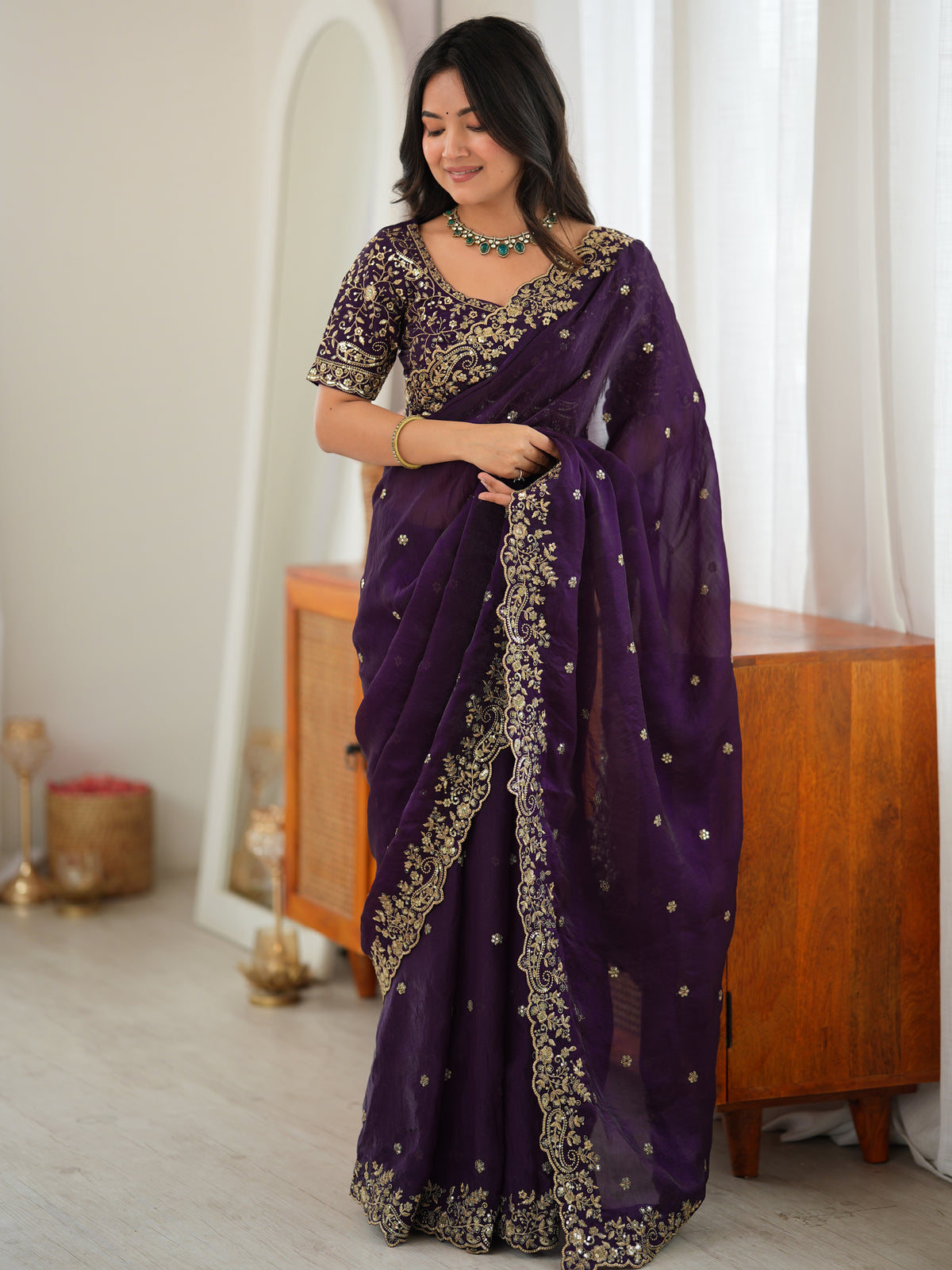 Luxurious Purple Embroidered Silk Engagement Wear Saree With Blouse