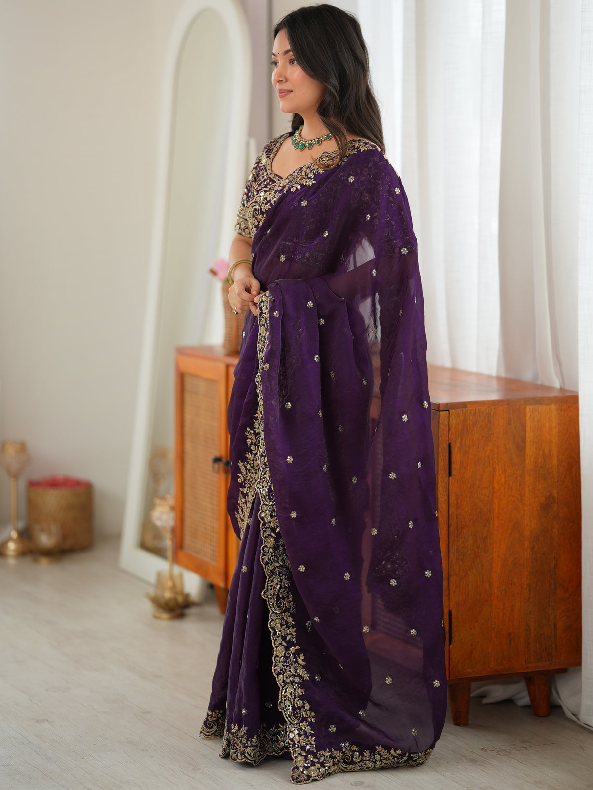 Luxurious Purple Embroidered Silk Engagement Wear Saree With Blouse