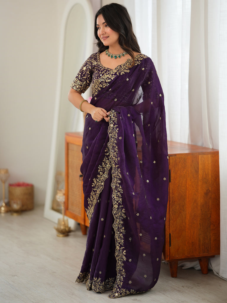 Luxurious Purple Embroidered Silk Engagement Wear Saree With Blouse