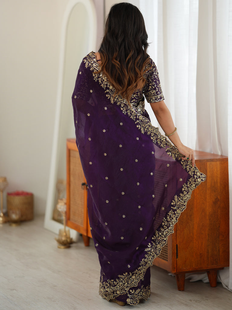 Luxurious Purple Embroidered Silk Engagement Wear Saree With Blouse