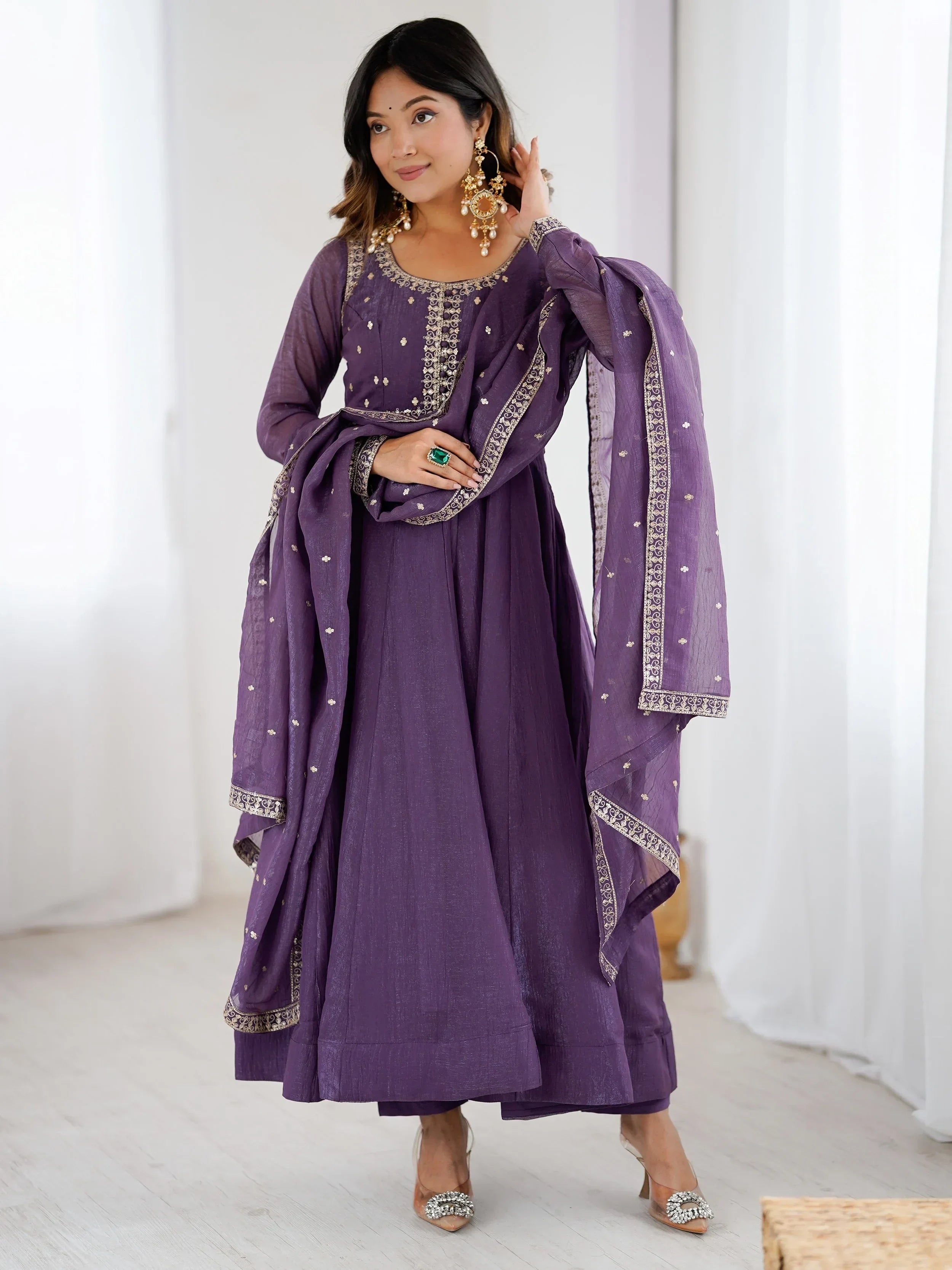 Fantastic Purple Sequins Silk Wedding Wear Anarkali Gown With Dupatta