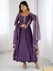 Fantastic Purple Sequins Silk Wedding Wear Anarkali Gown With Dupatta