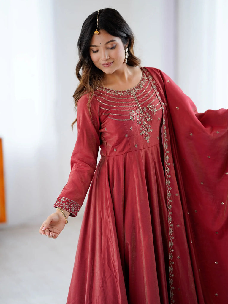 Timeless Maroon Chanderi Silk Embroidered Party Wear Anarkali Suit