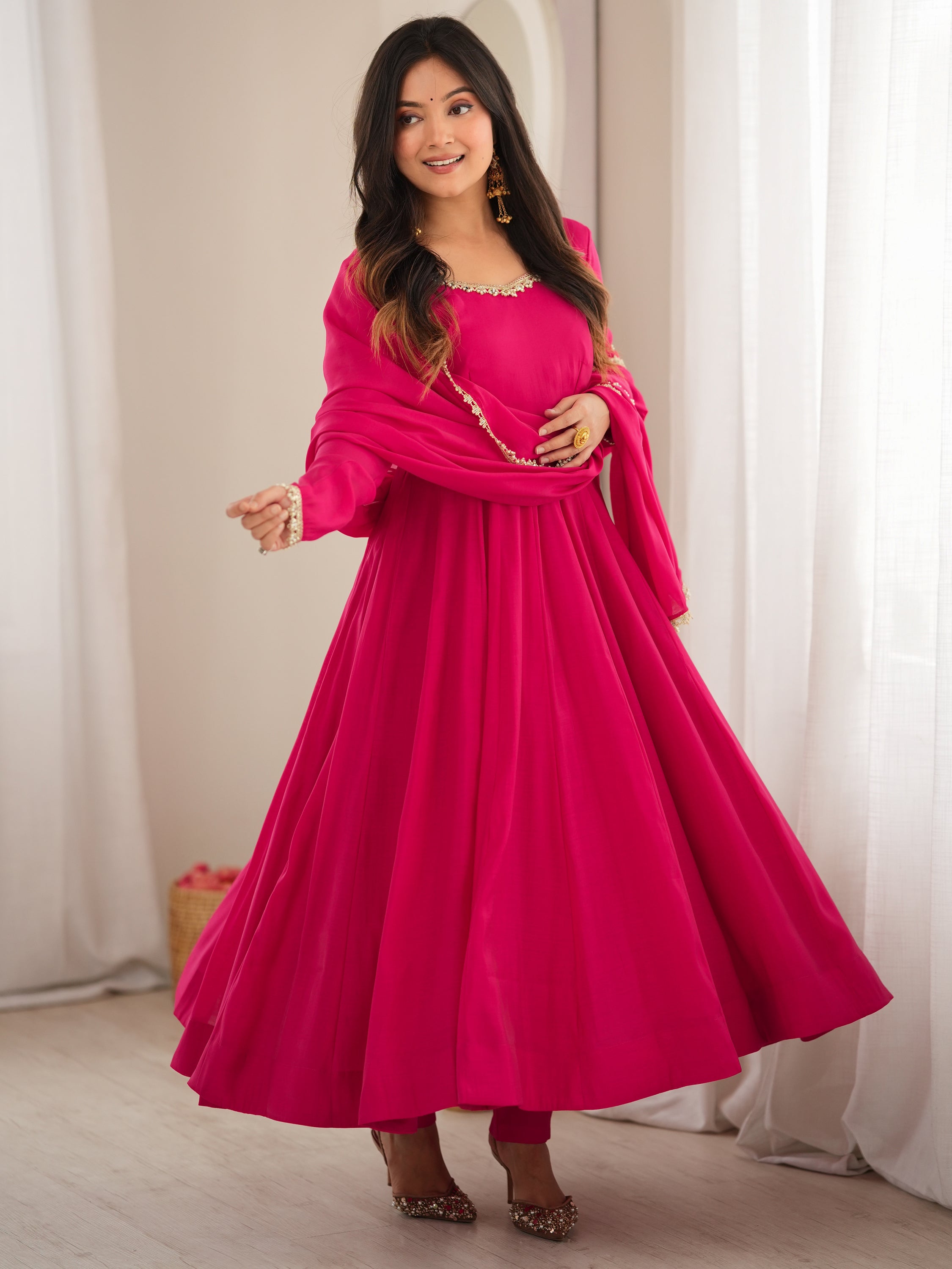 Gorgeous Rani Pink Mirror Laced Chanderi Festive Wear Anarkali Suit