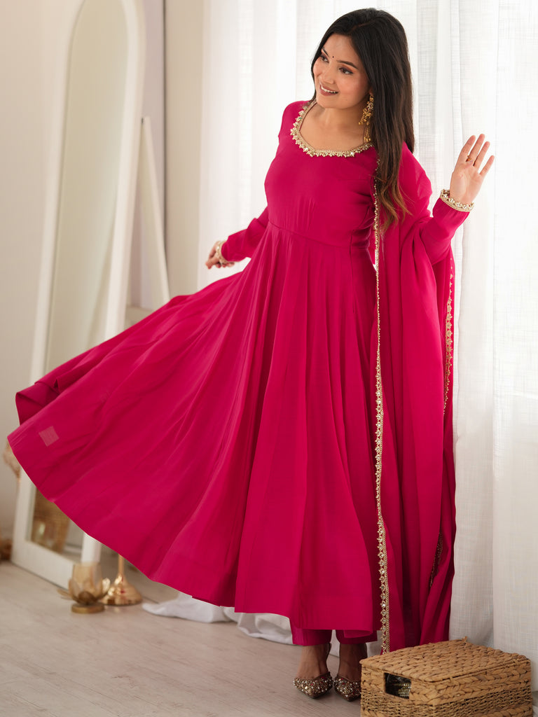Gorgeous Rani Pink Mirror Laced Chanderi Festive Wear Anarkali Suit