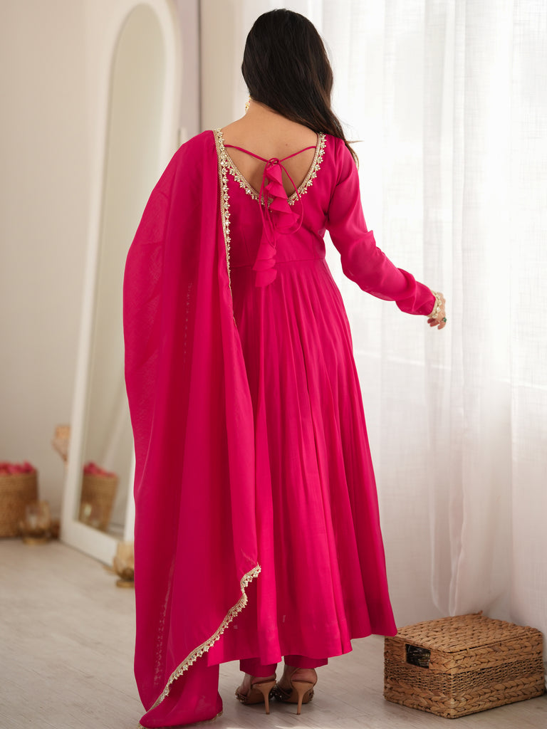 Gorgeous Rani Pink Mirror Laced Chanderi Festive Wear Anarkali Suit