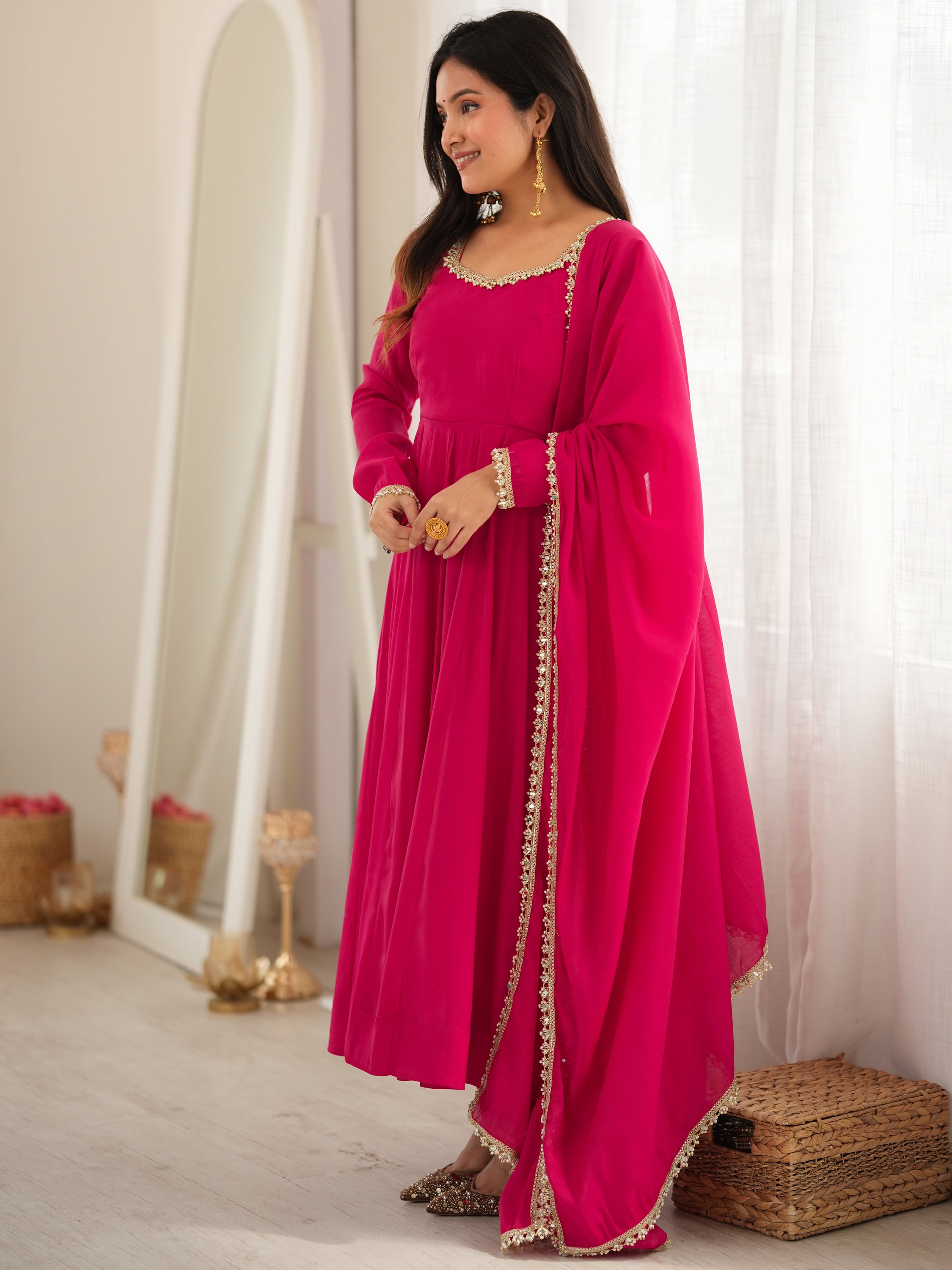 Gorgeous Rani Pink Mirror Laced Chanderi Festive Wear Anarkali Suit