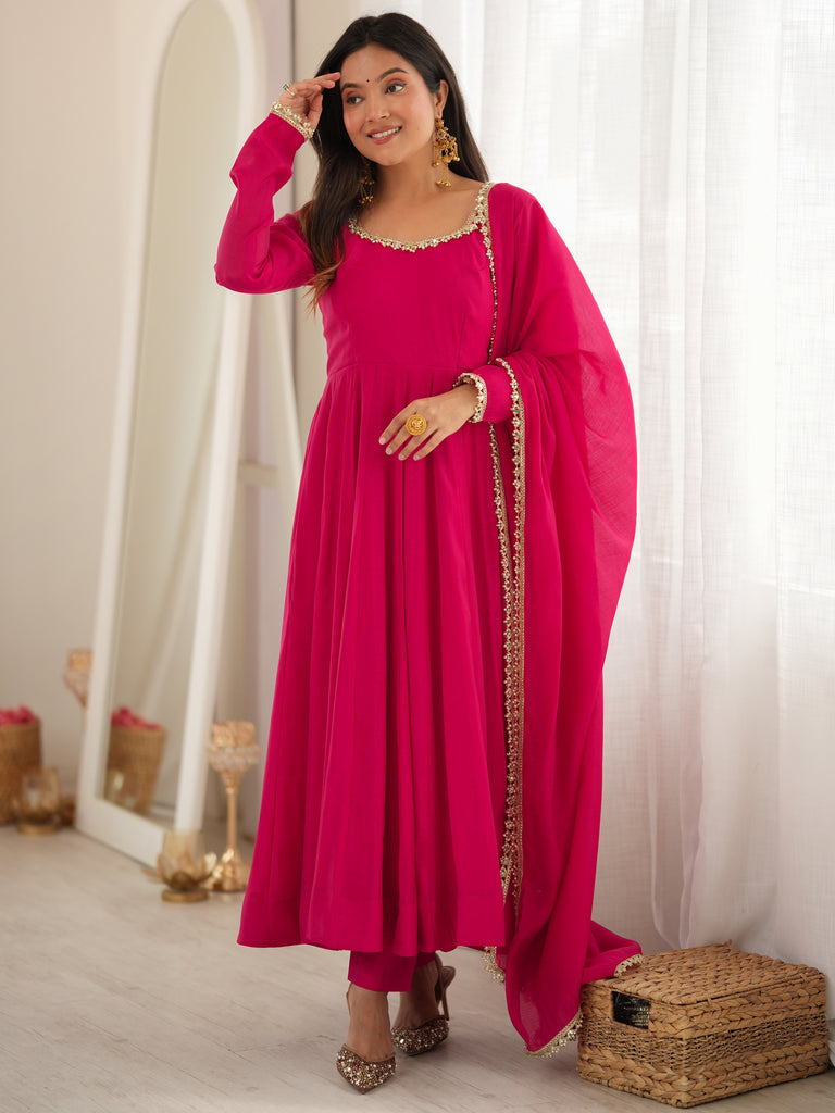 Gorgeous Rani Pink Mirror Laced Chanderi Festive Wear Anarkali Suit