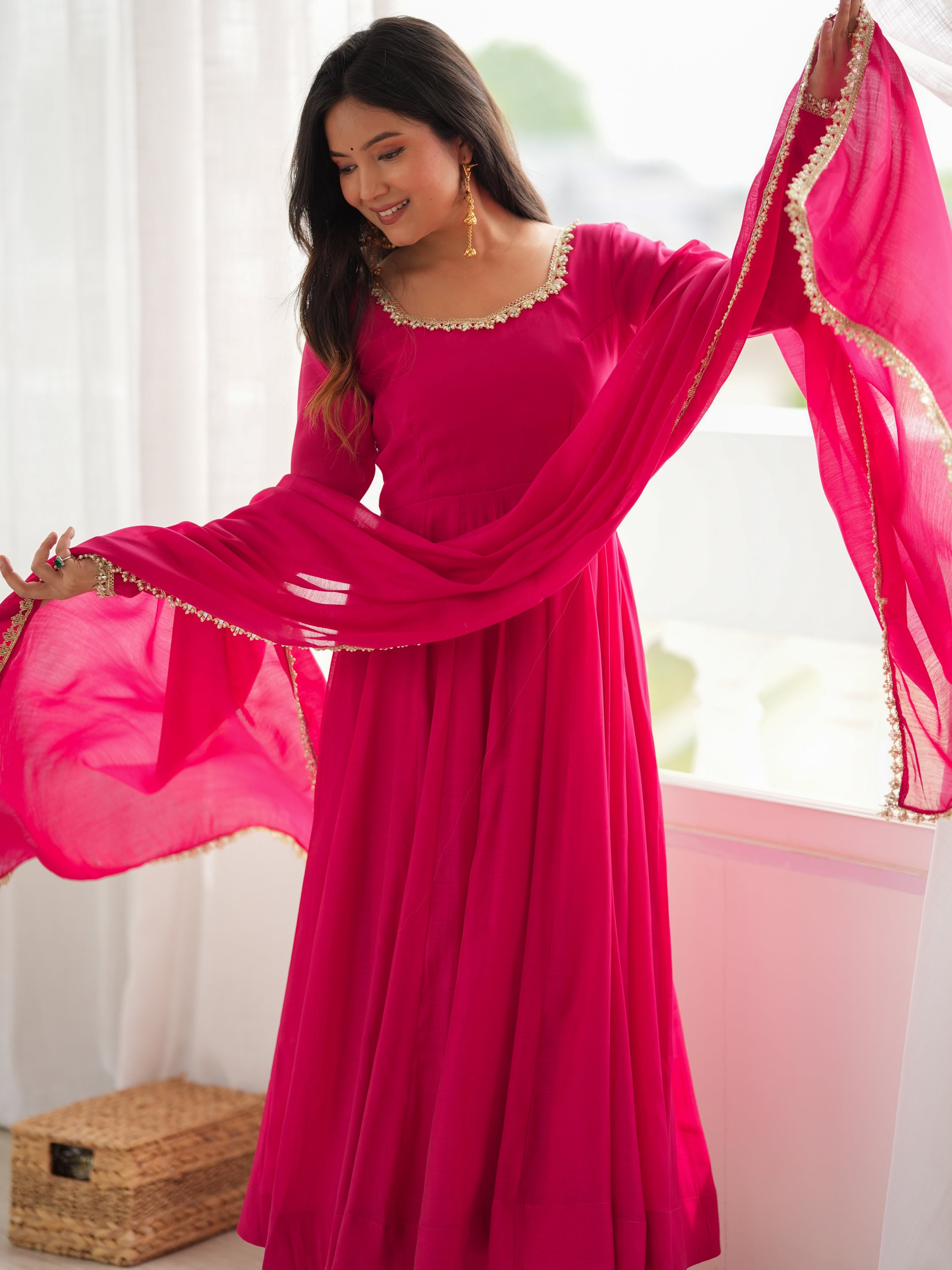 Gorgeous Rani Pink Mirror Laced Chanderi Festive Wear Anarkali Suit