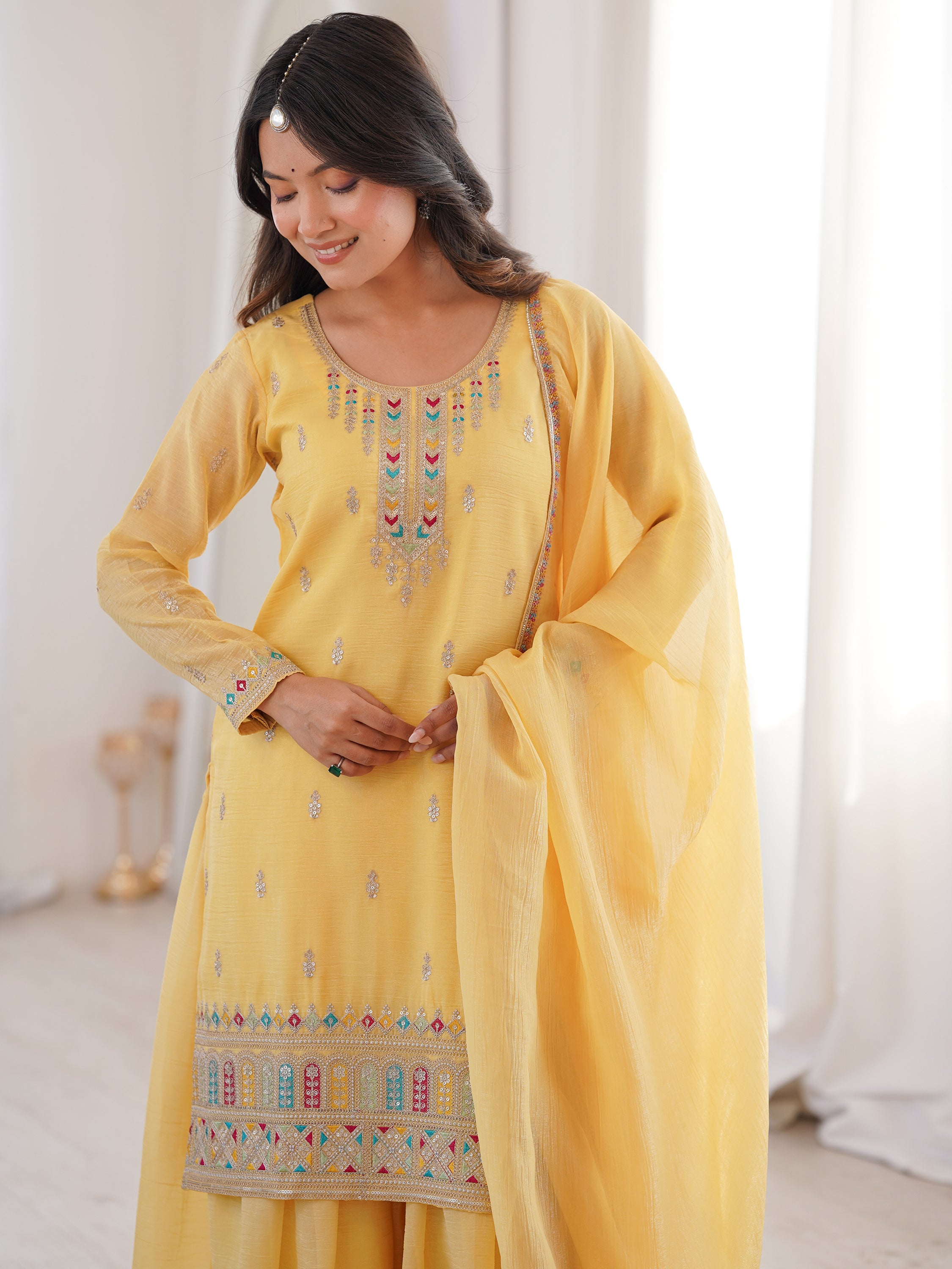 Superb Yellow Dori Embroidered Silk Haldi Wear Sharara Suit 