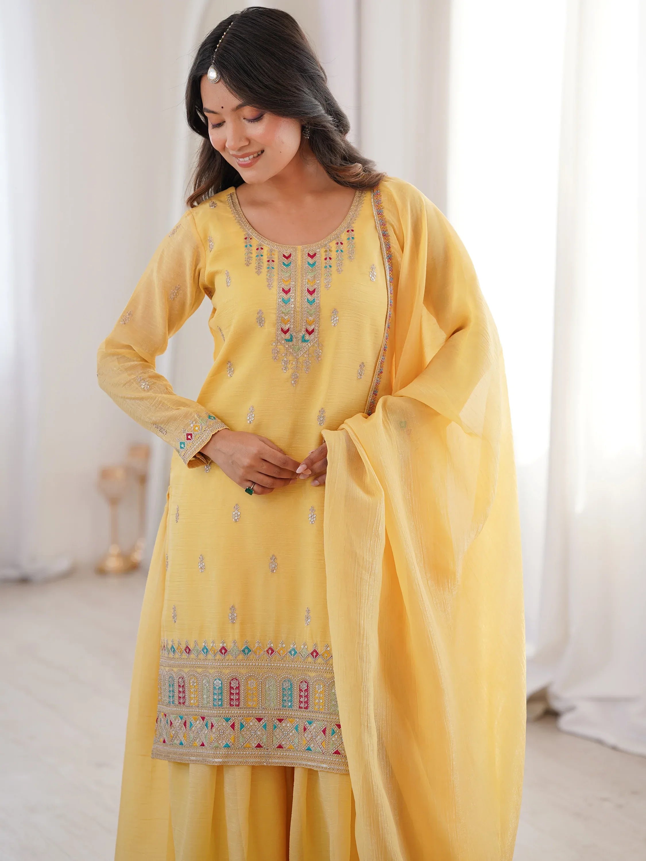Superb Yellow Dori Embroidered Silk Haldi Wear Sharara Suit