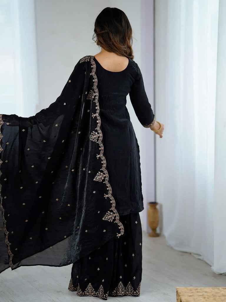 Pretty Black Silk Zari Embroidered Wedding Wear Sharara Suit