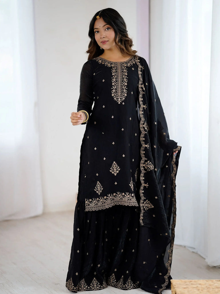 Pretty Black Silk Zari Embroidered Wedding Wear Sharara Suit