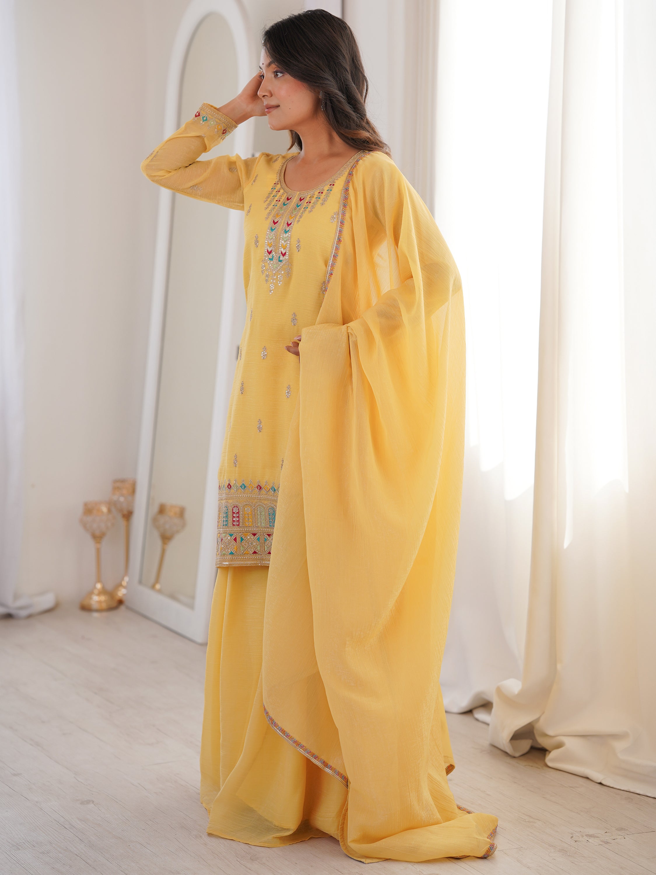 Superb Yellow Dori Embroidered Silk Haldi Wear Sharara Suit 