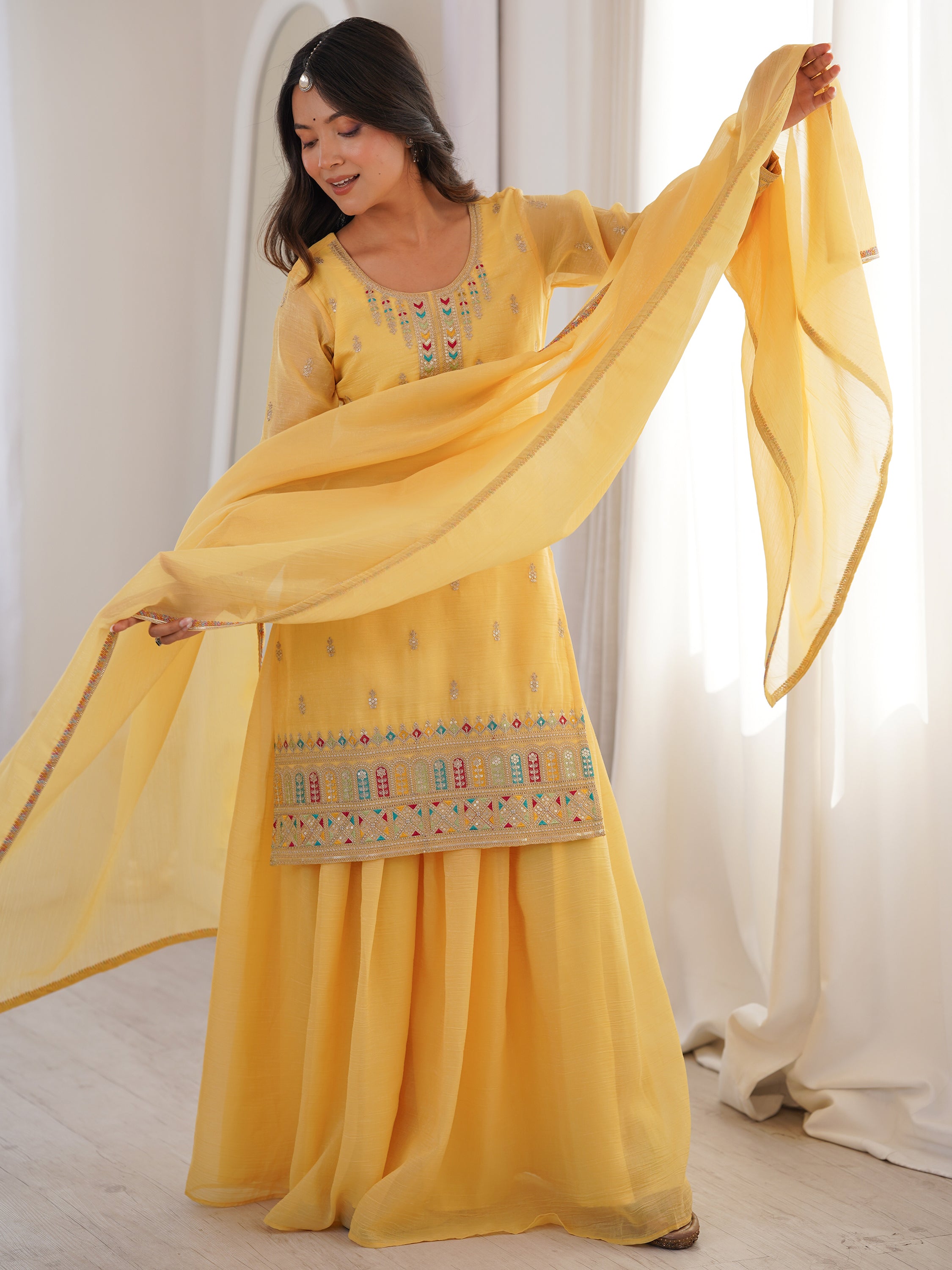 Superb Yellow Dori Embroidered Silk Haldi Wear Sharara Suit 
