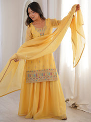 Superb Yellow Dori Embroidered Silk Haldi Wear Sharara Suit 