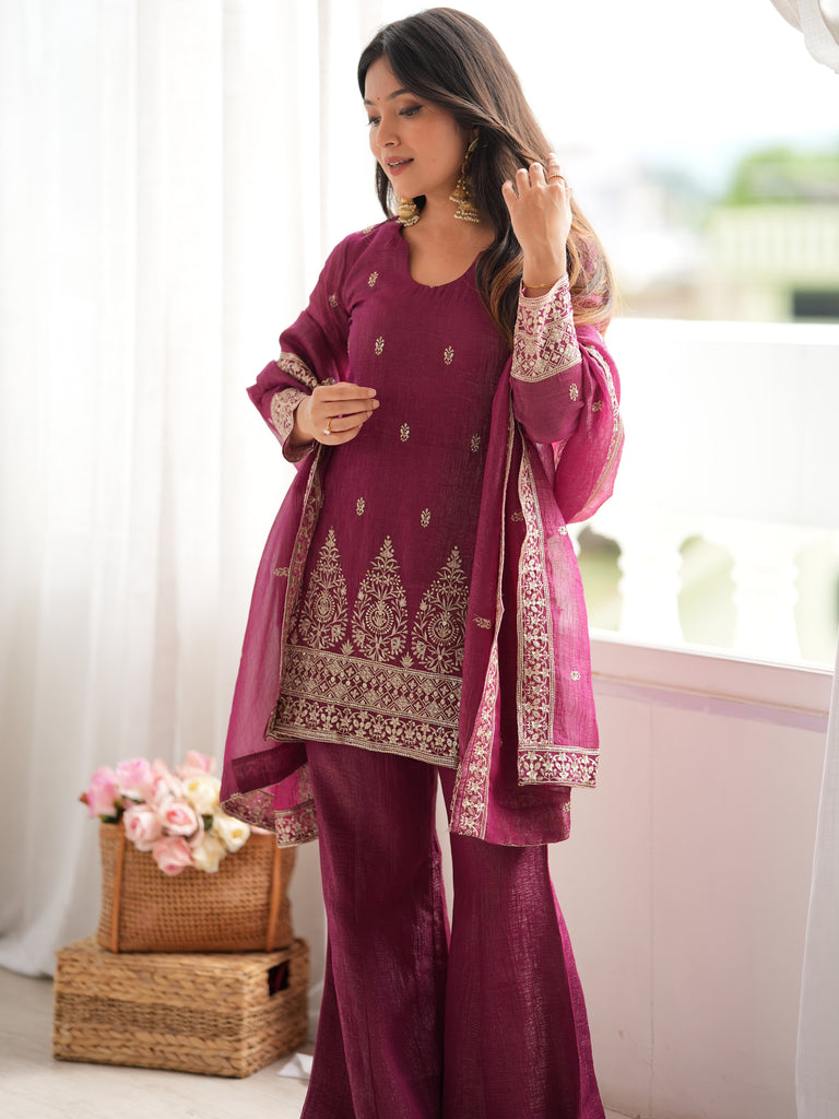 Captivating Wine Zari Embroidery Silk Engagement Wear Salwar Suit