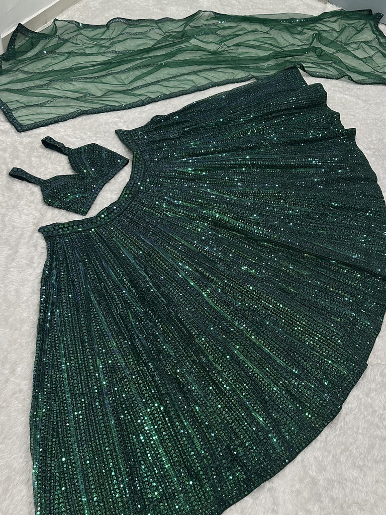Sparkling Bottle Green Sequins Sangeet Wear Lehenga Choli With Dupatta