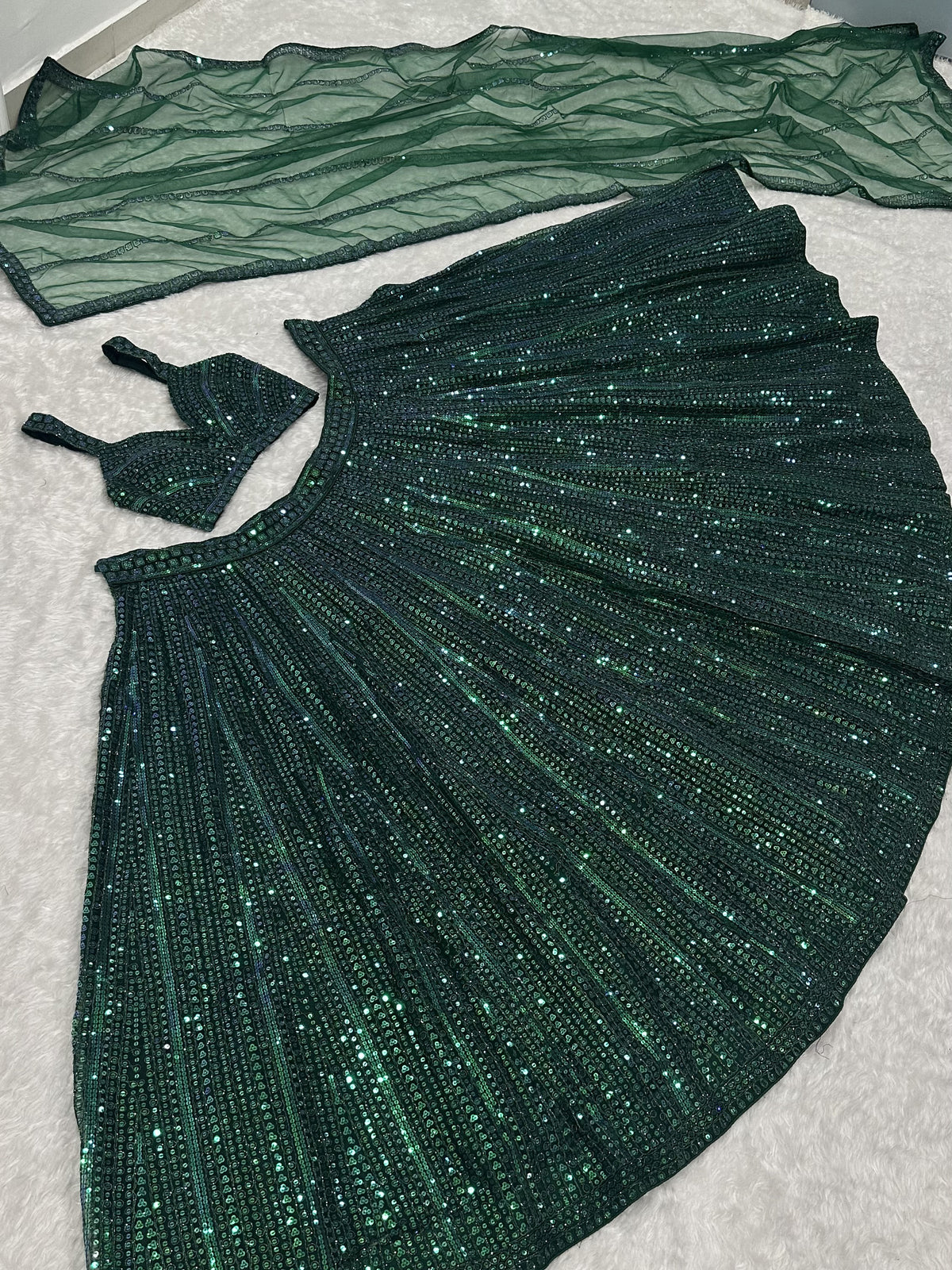 Sparkling Bottle Green Sequins Sangeet Wear Lehenga Choli With Dupatta