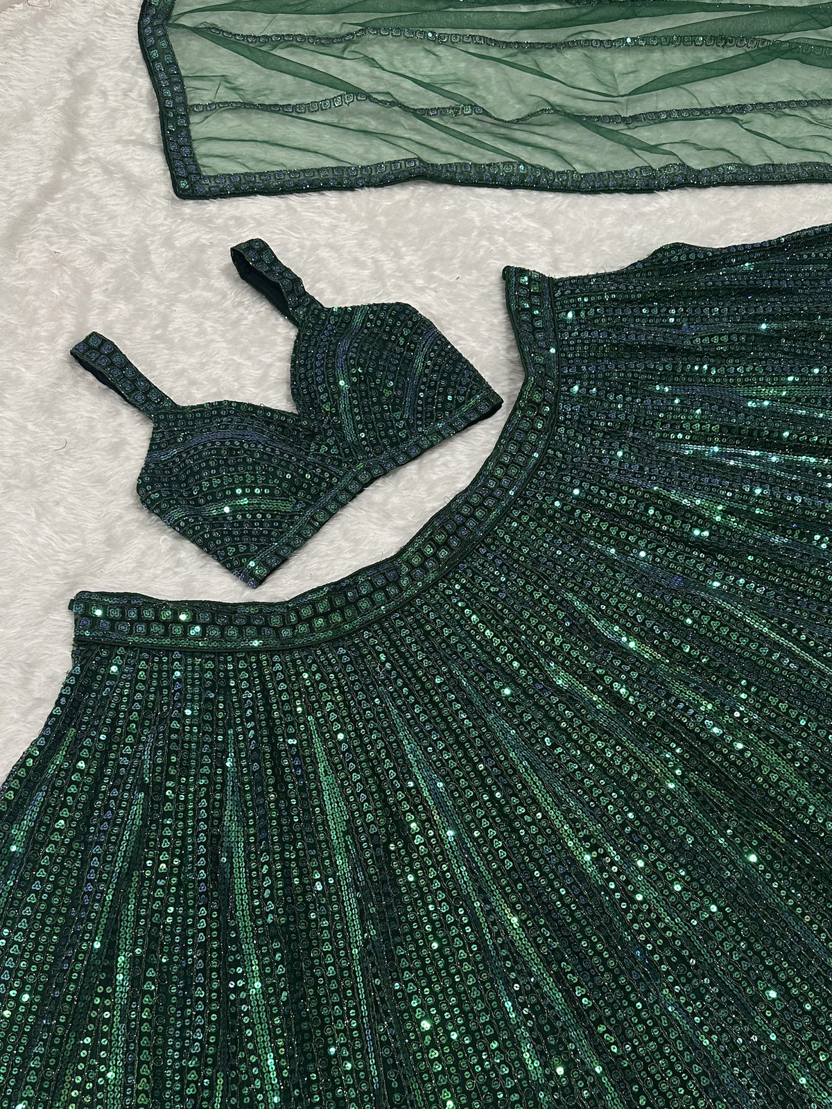 Sparkling Bottle Green Sequins Sangeet Wear Lehenga Choli With Dupatta