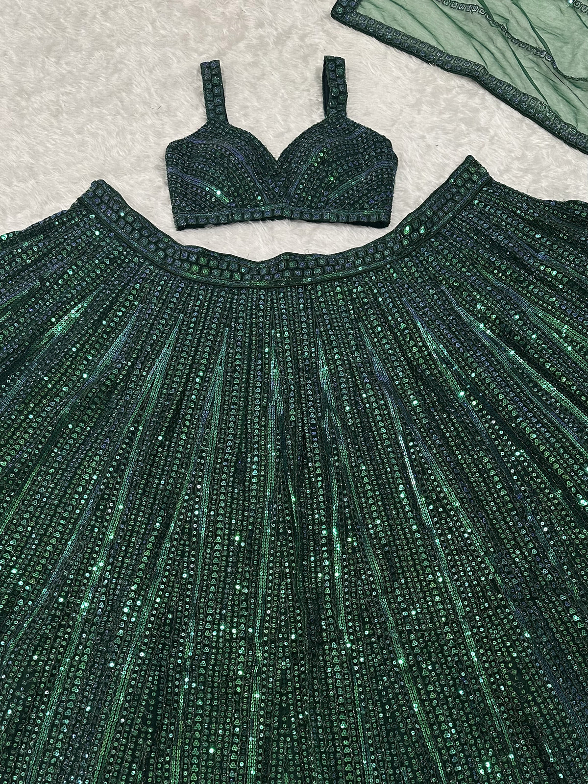 Sparkling Bottle Green Sequins Sangeet Wear Lehenga Choli With Dupatta