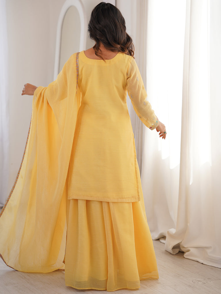 Superb Yellow Dori Embroidered Silk Haldi Wear Sharara Suit 