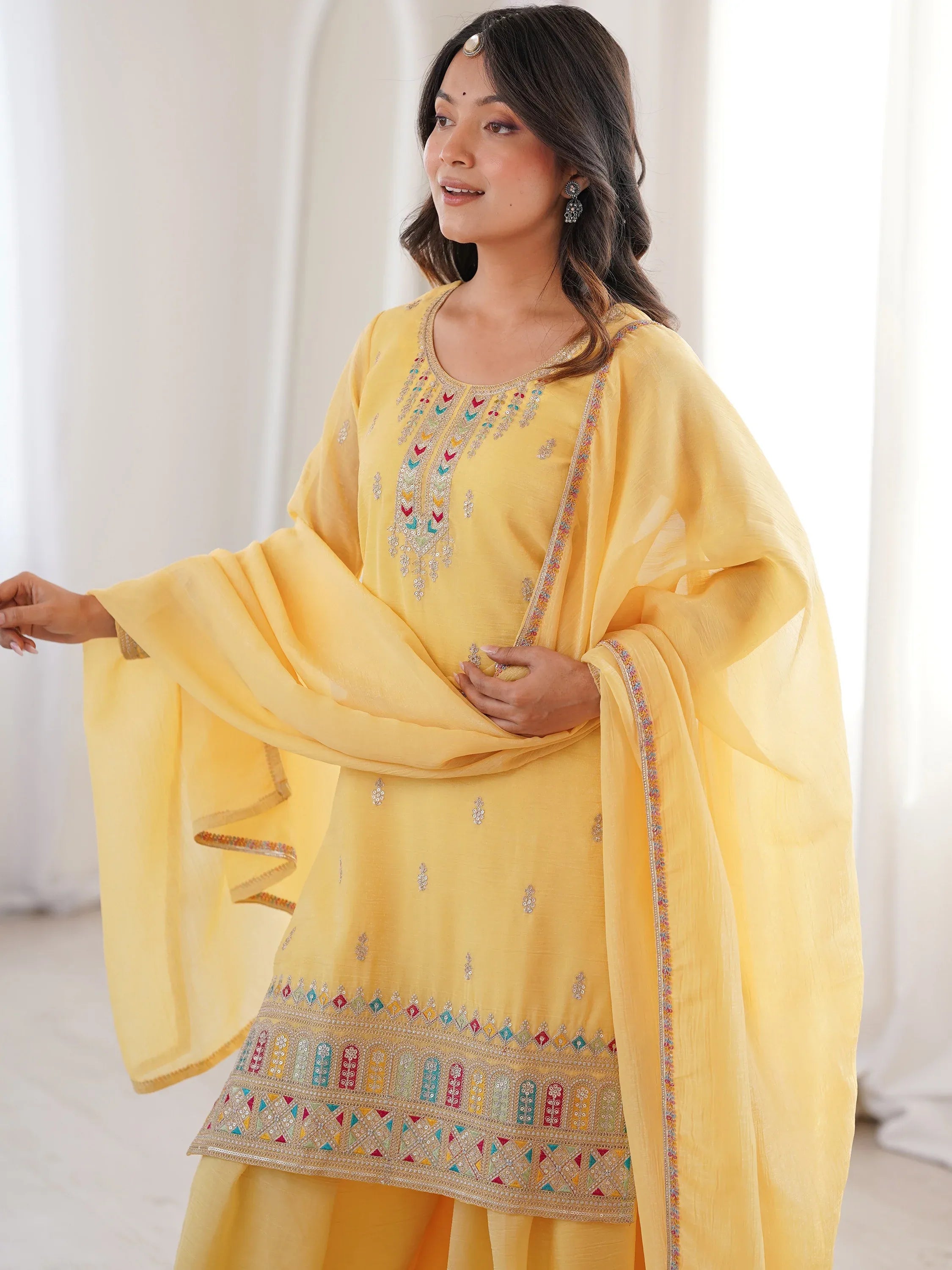 Superb Yellow Dori Embroidered Silk Haldi Wear Sharara Suit
