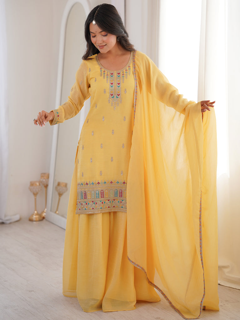 Superb Yellow Dori Embroidered Silk Haldi Wear Sharara Suit 