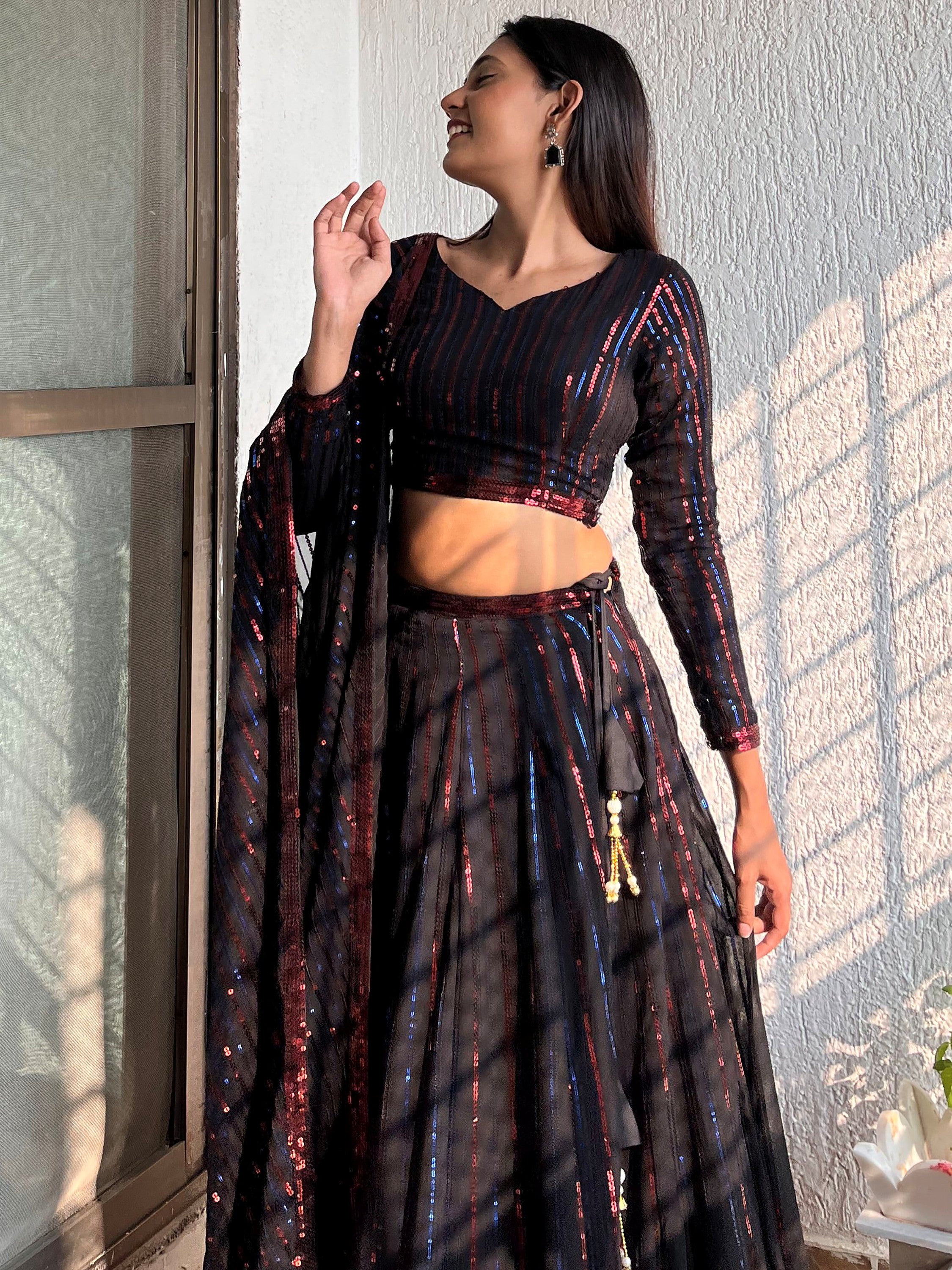 Awesome Black Sequins Georgette Festival Wear Plus Size Lehenga Choli