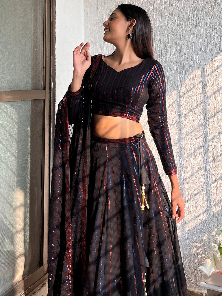 Awesome Black Sequins Georgette Festival Wear Plus Size Lehenga Choli