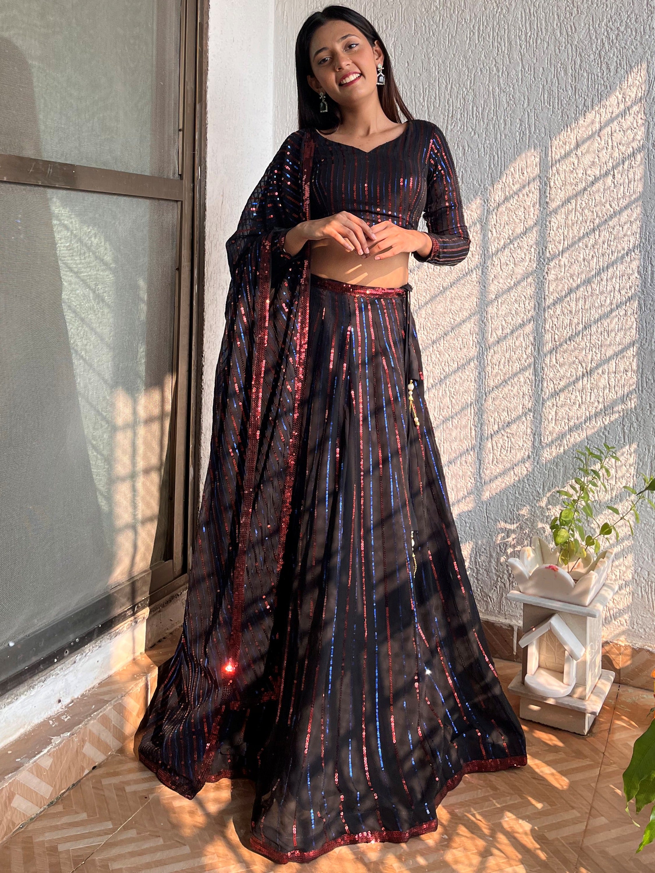 Awesome Black Sequins Georgette Festival Wear Plus Size Lehenga Choli