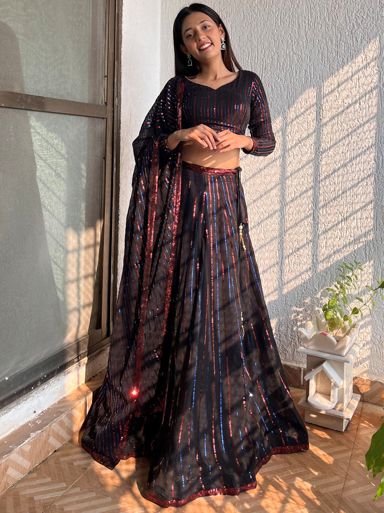 Awesome Black Sequins Georgette Festival Wear Plus Size Lehenga Choli
