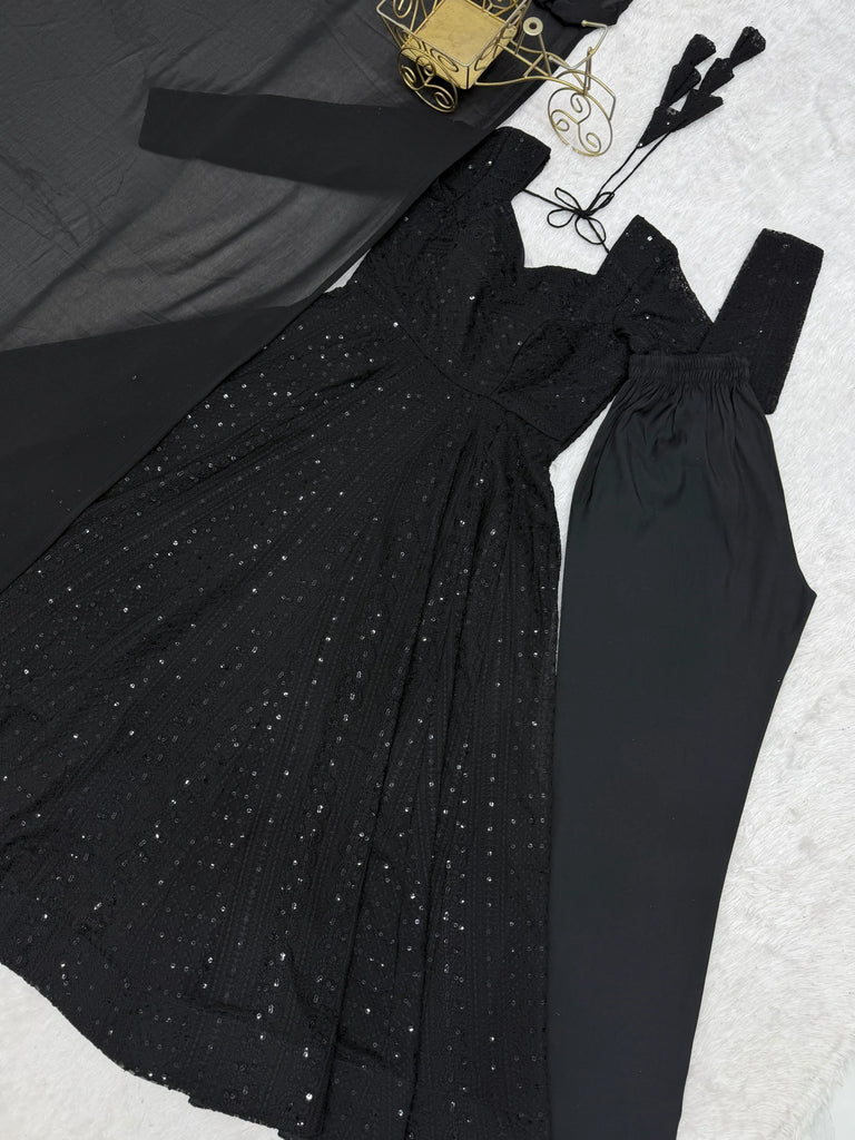 Gorgeous Black Sequins Georgette Evening Wear Anarkali Pant Suit