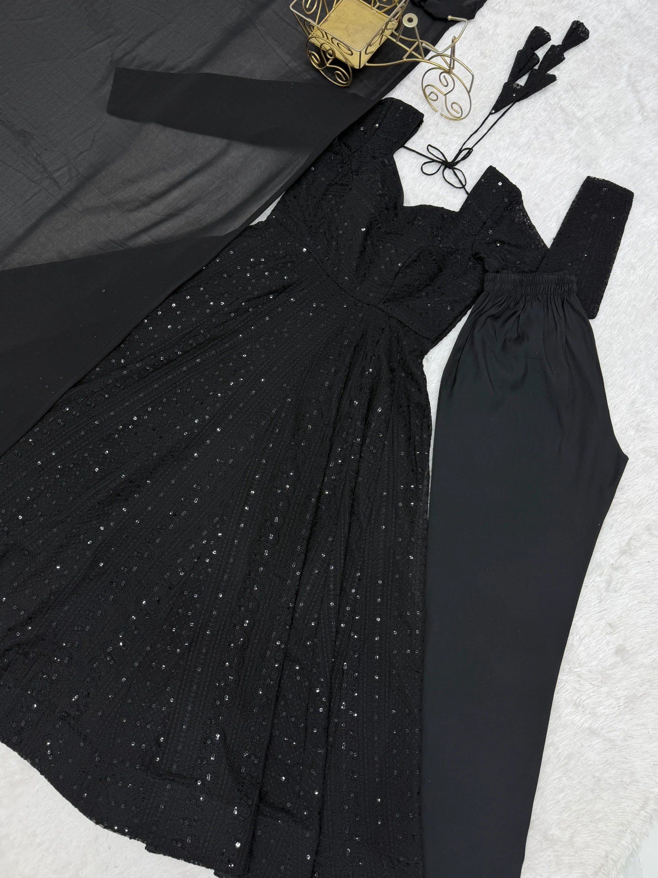Gorgeous Black Sequins Georgette Evening Wear Anarkali Pant Suit
