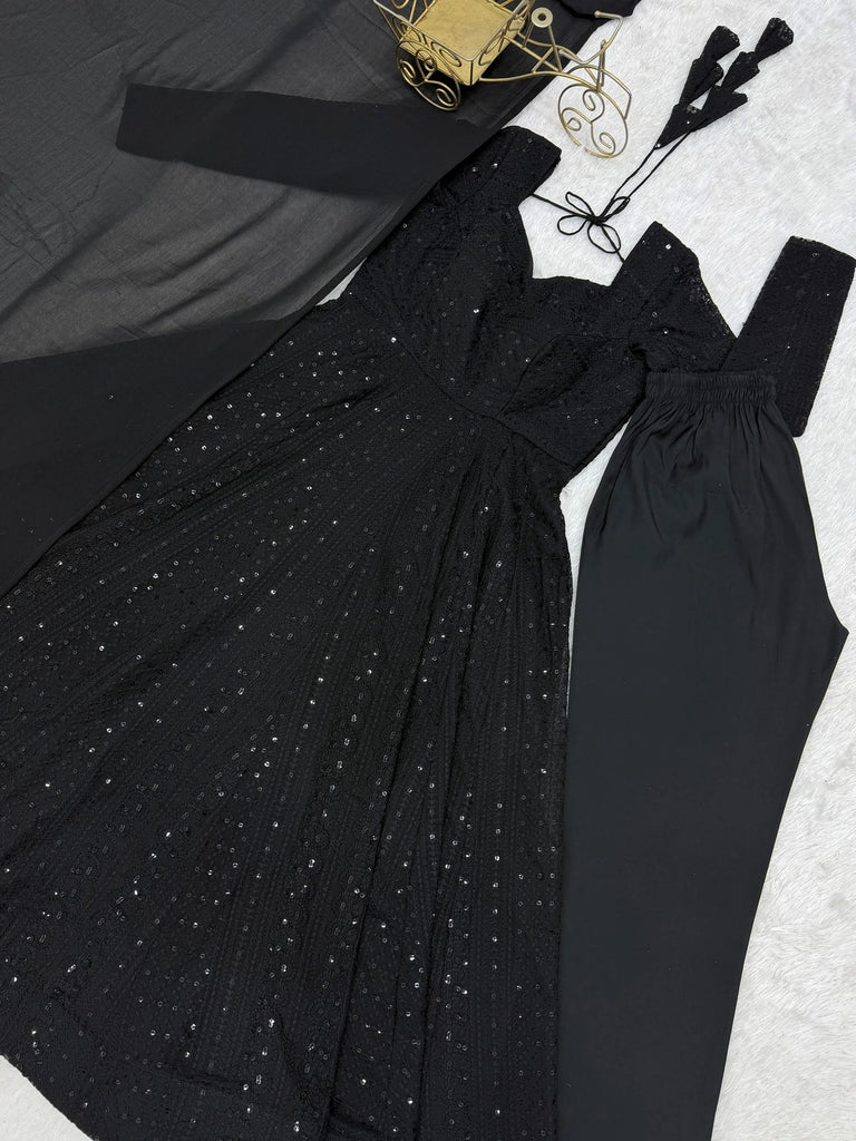 Gorgeous Black Sequins Georgette Evening Wear Anarkali Pant Suit