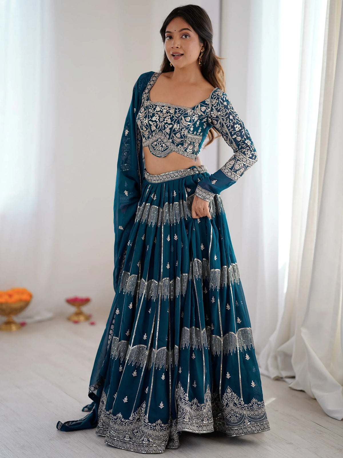 Adorable Teal Blue Sequins Georgette Wedding Wear Lehenga Choli