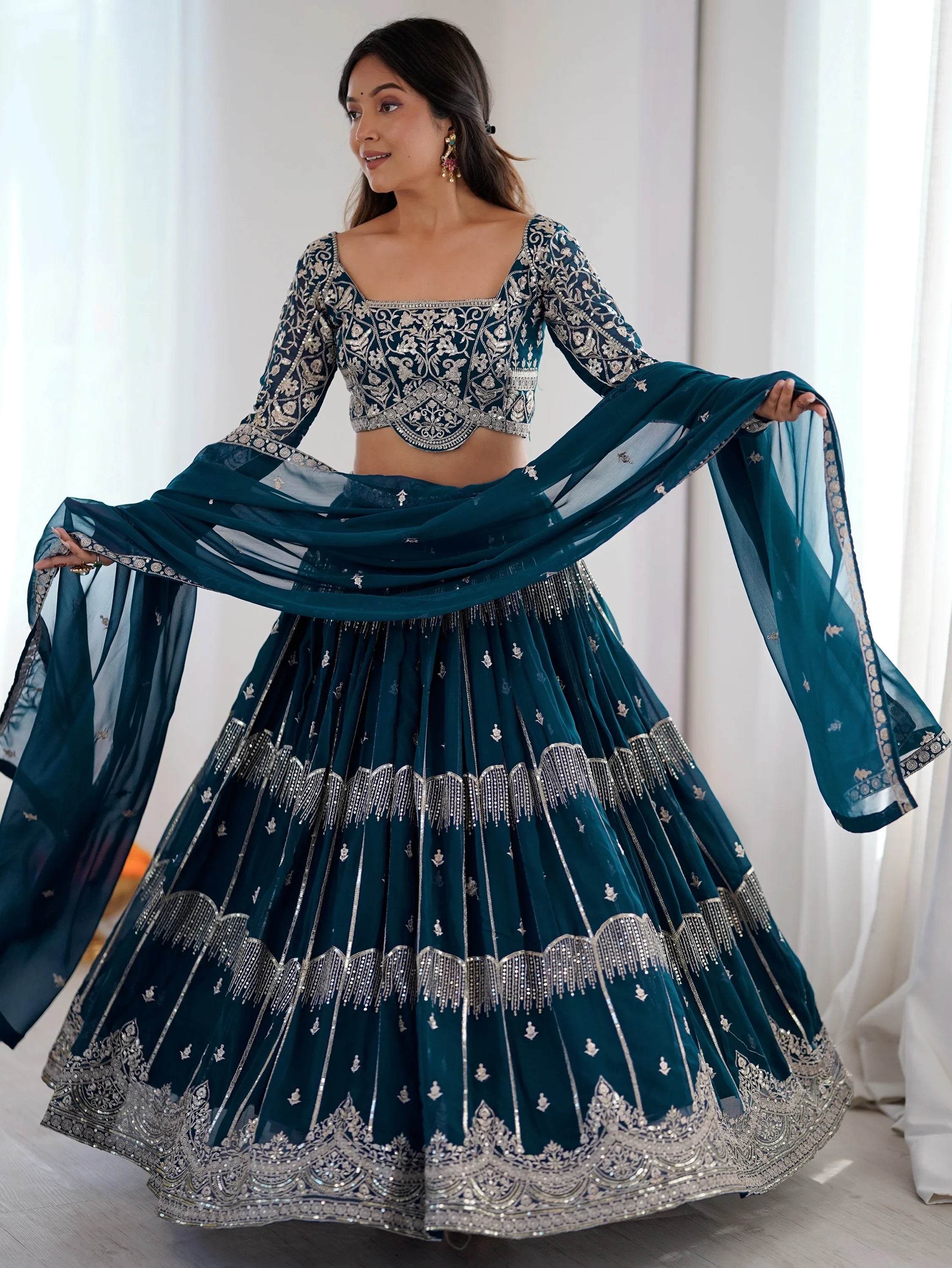 Adorable Teal Blue Sequins Georgette Wedding Wear Lehenga Choli