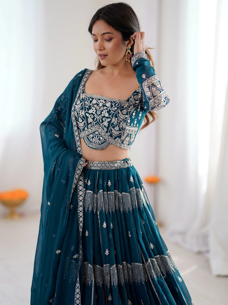 Adorable Teal Blue Sequins Georgette Wedding Wear Lehenga Choli