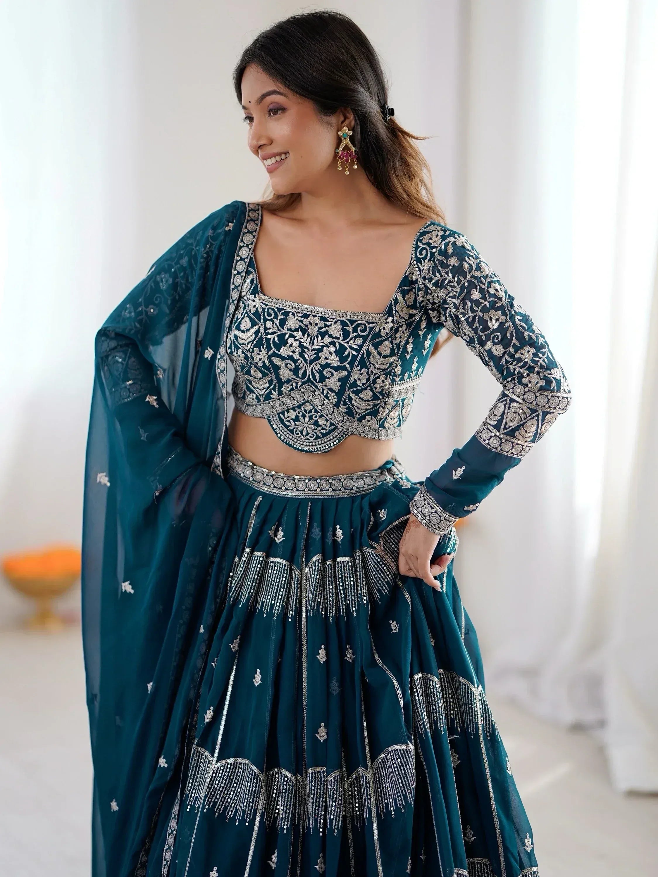 Adorable Teal Blue Sequins Georgette Wedding Wear Lehenga Choli