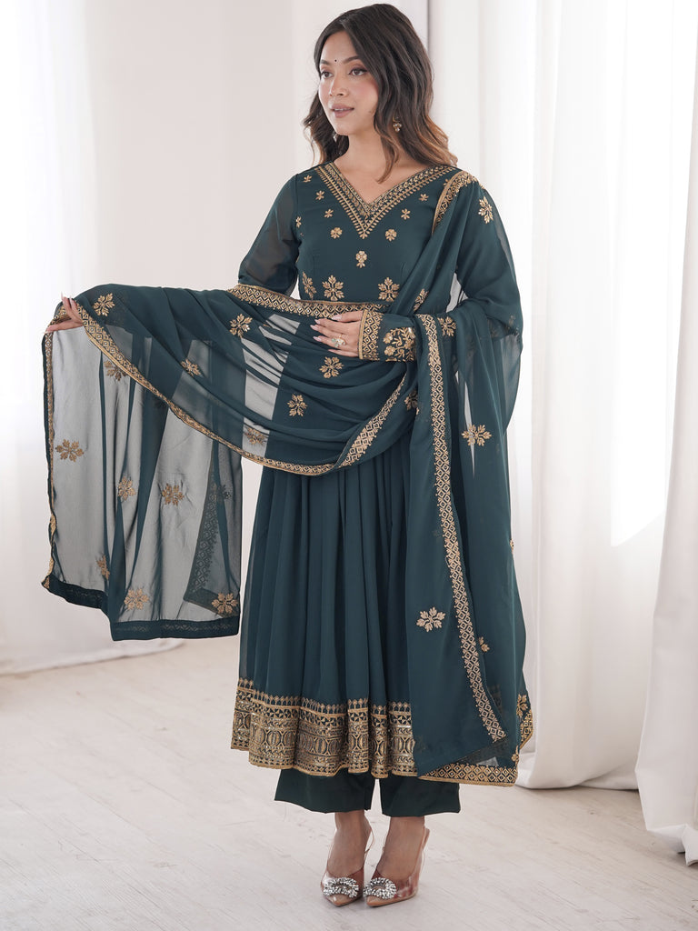 Fantastic Teal Blue Sequins Georgette Traditional Anarkali Suit