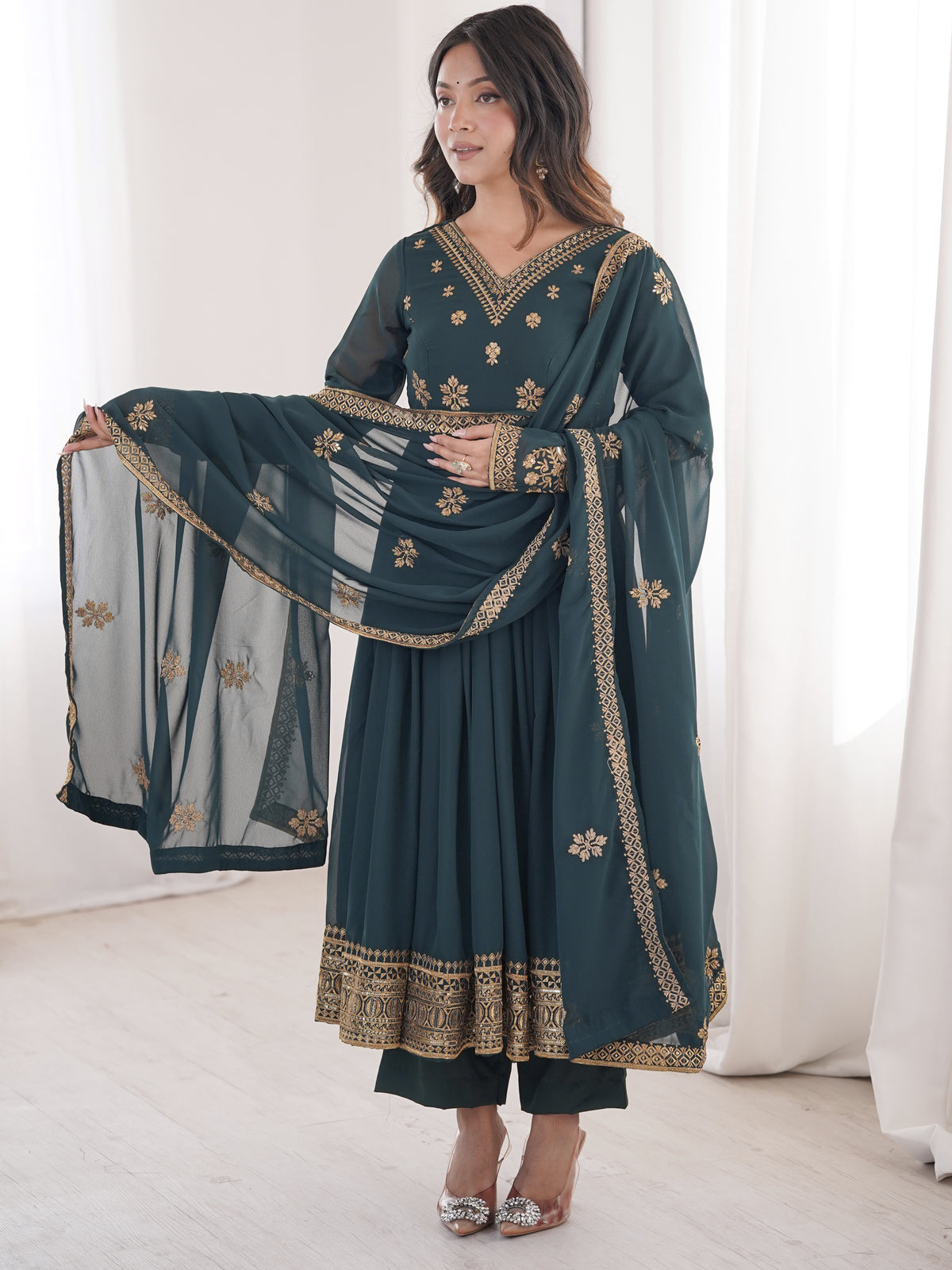 Fantastic Teal Blue Sequins Georgette Traditional Anarkali Suit