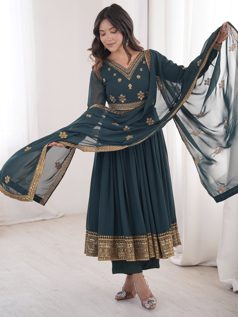Fantastic Teal Blue Sequins Georgette Traditional Anarkali Suit