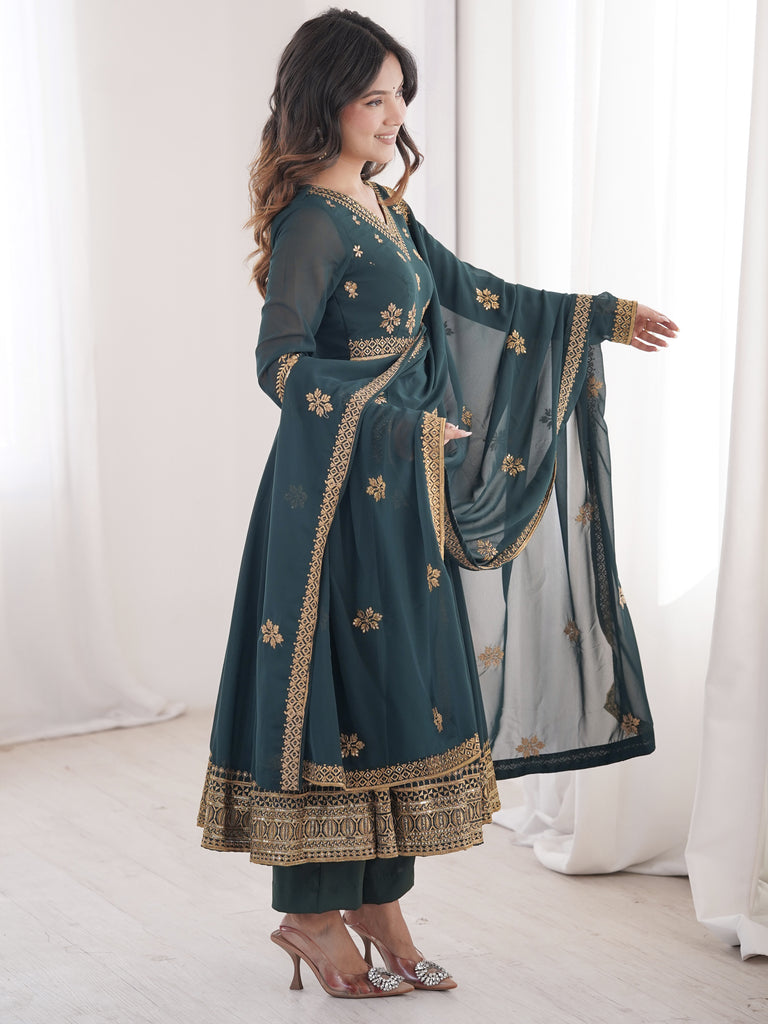 Fantastic Teal Blue Sequins Georgette Traditional Anarkali Suit