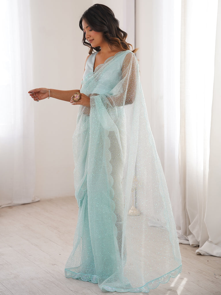 Glowing Sky Blue Sequins Net Event Wear Saree With Blouse