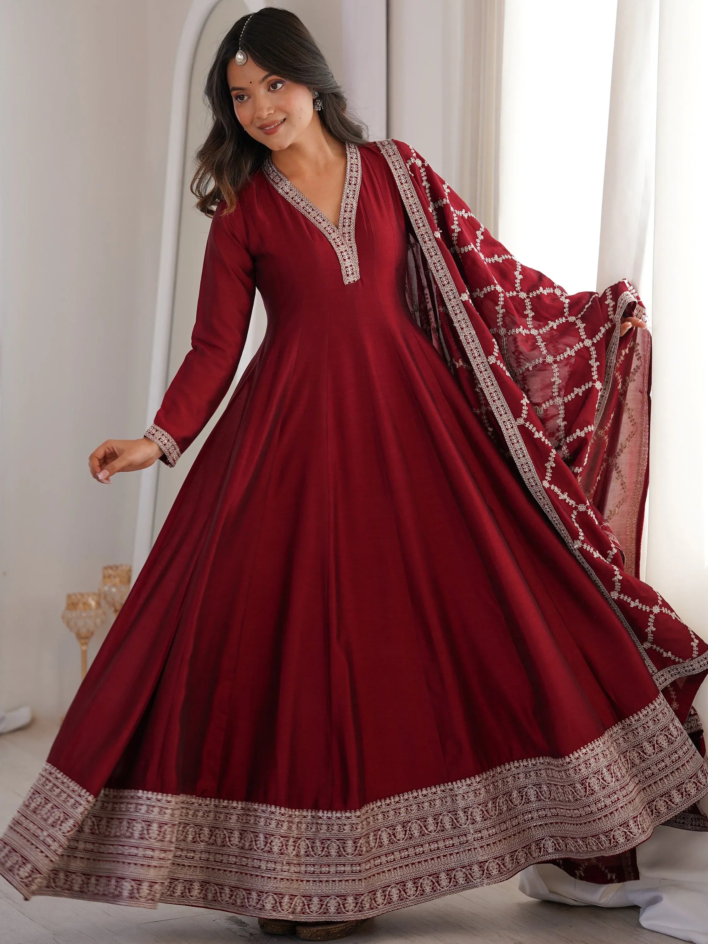 Glamorous Maroon Embroidered Silk Festival Wear Gown With Dupatta